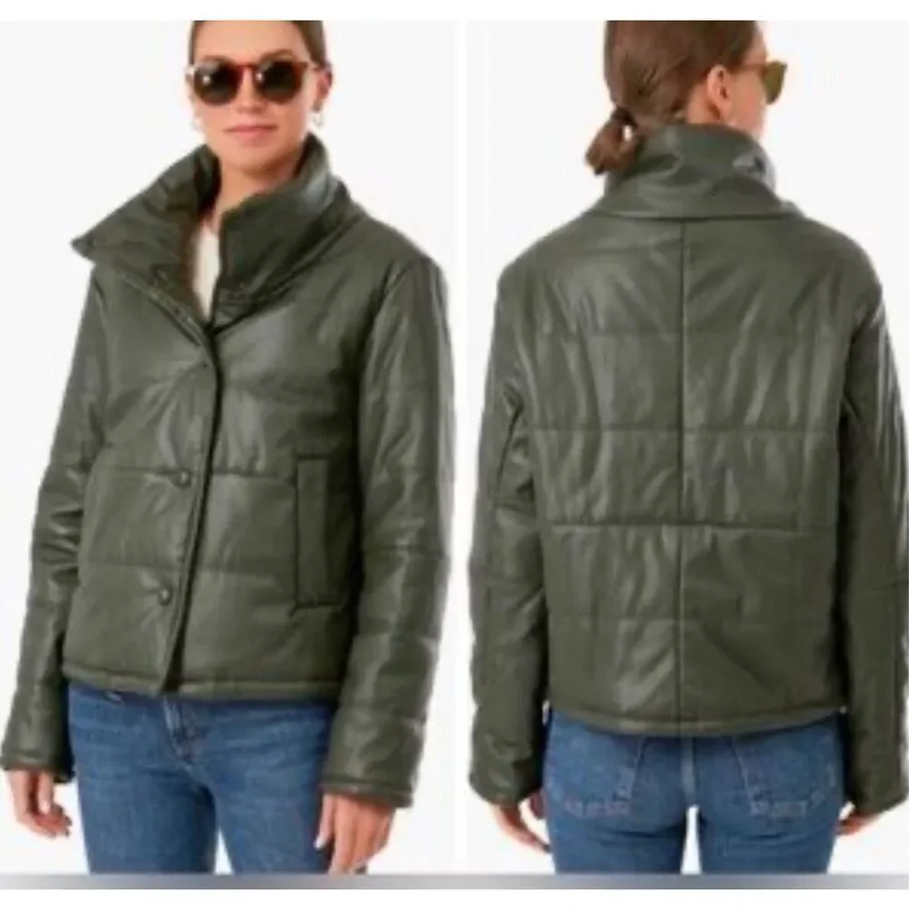 Pomander Place Olive Green Tuckernuck Faux Leather Puffer Coat Jacket Size Small - Picture 10 of 10